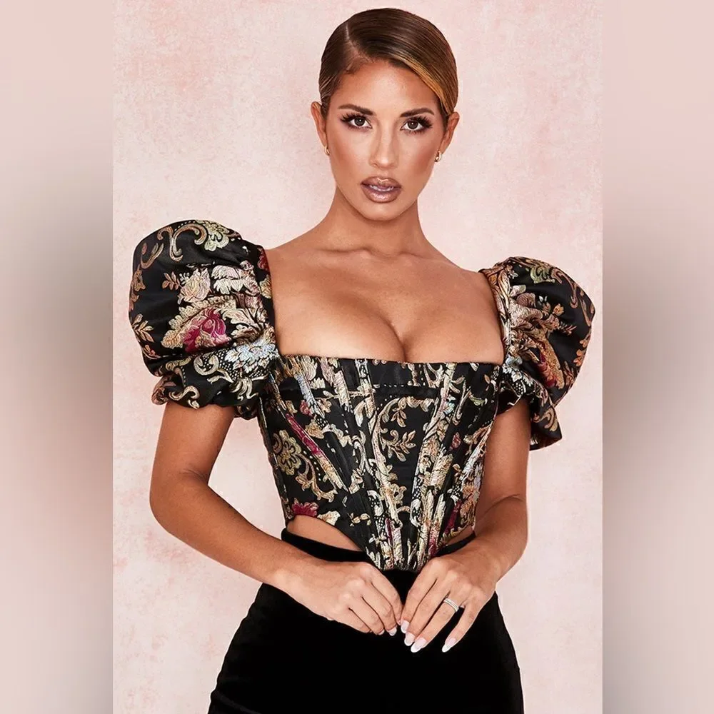 House of CB Isabella Brocade Black Gold Bustier Crop Top Floral Size S
